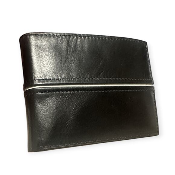 FOSSILNWOTMens Black Leather White Accent Stripe Tri-Fold 12 Pocket Wallet